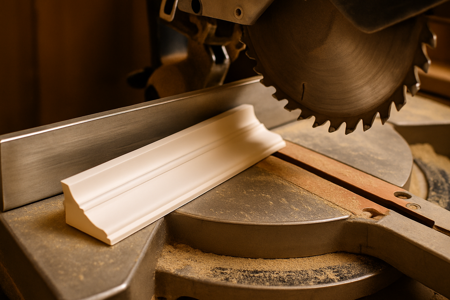 A length of crown molding lying face up flat on a compound miter saw table, ceiling edge against the fence, the blade tilted for a bevel cut.