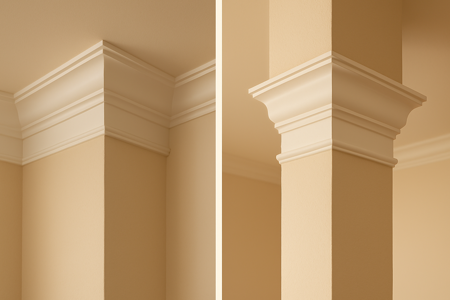 Two crown molding corners side by side, one an inside corner wrapping into a room and one an outside corner wrapping around a column, both with clean mitered joints.