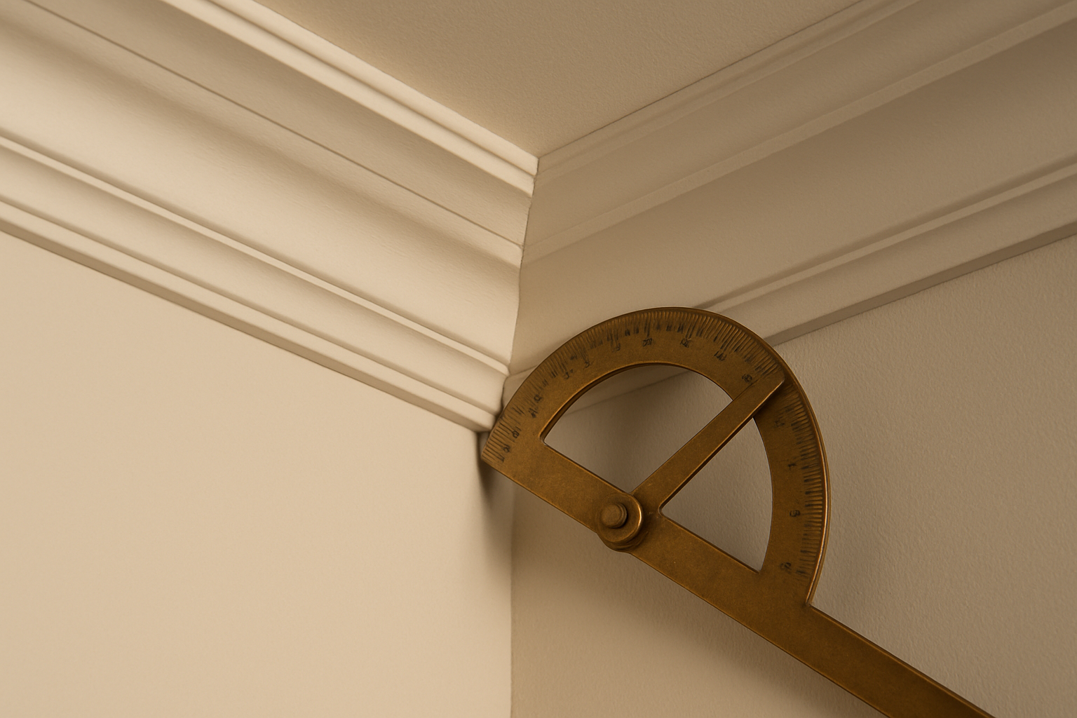 A cross-section view of crown molding installed between a wall and ceiling, a protractor showing the spring angle between the molding's back and the wall.